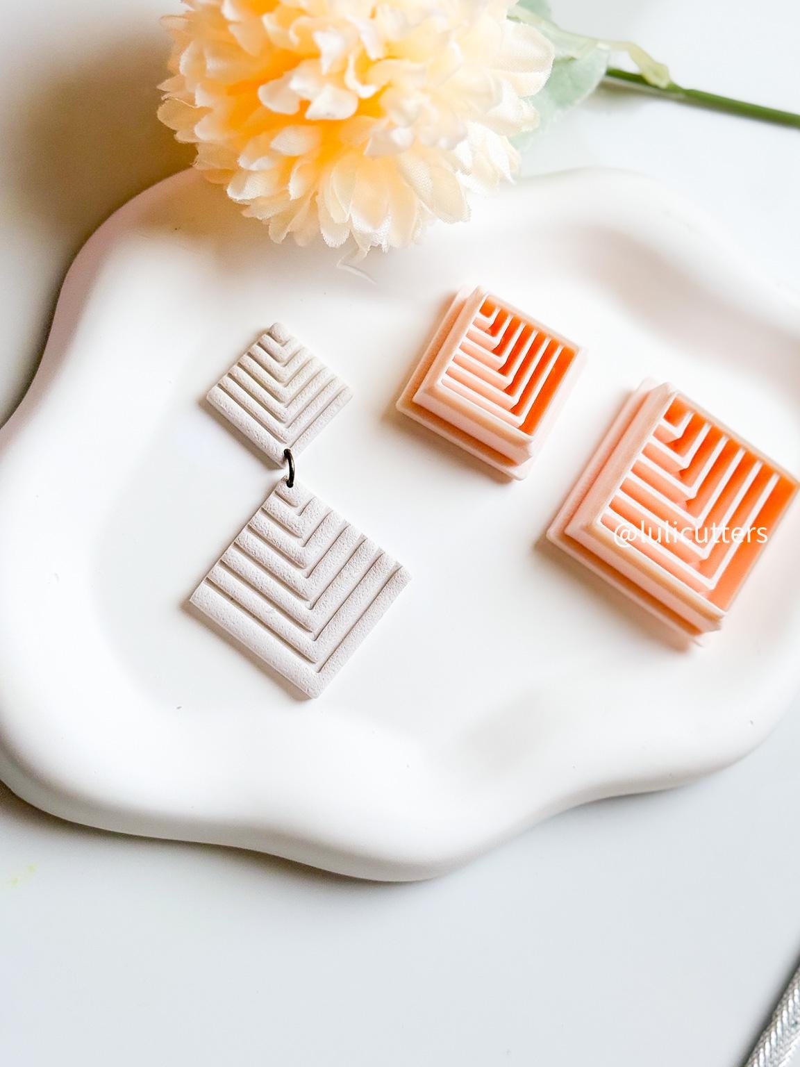 Chevron Layered Square Polymer Clay Cutter Dangle & Stud Earring Set