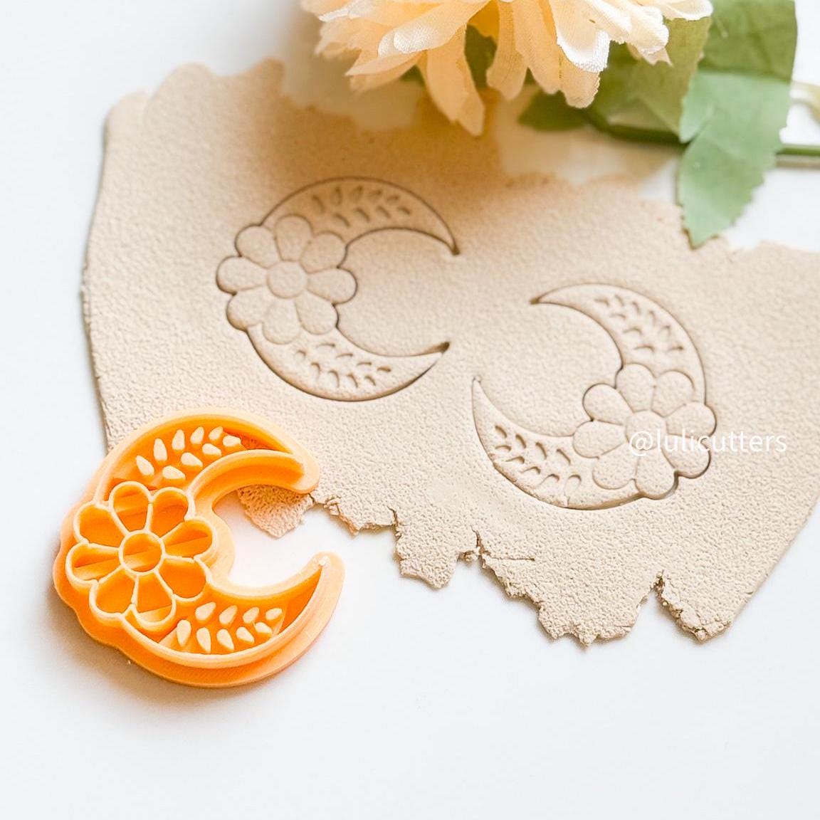 Floral Moon Clay Cutter: Crescent Polymer Clay Earring Imprint