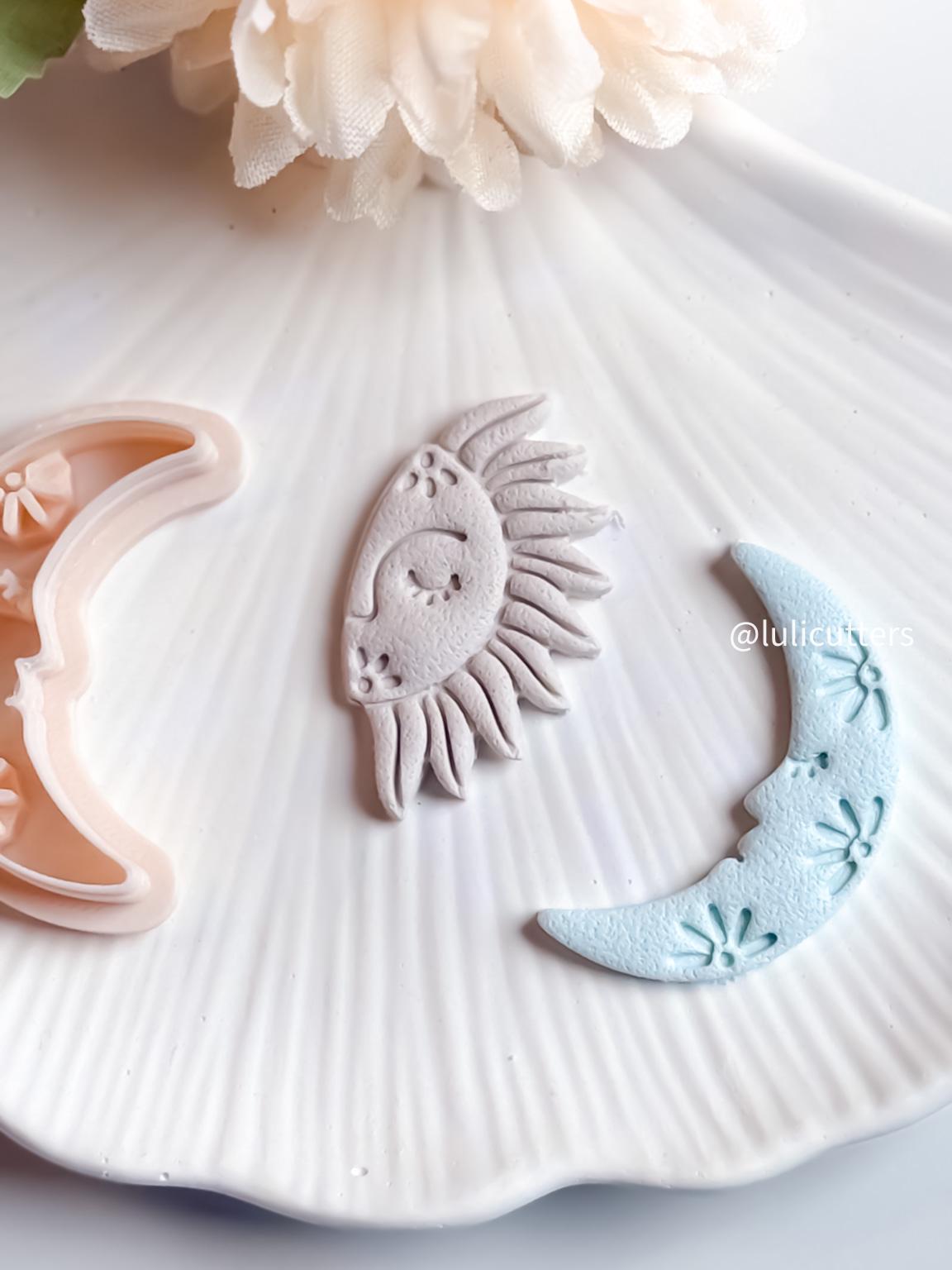 Floral Sun Face Polymer Clay Cutter Crescent Sun with Imprint Flowers for Celestial Earrings