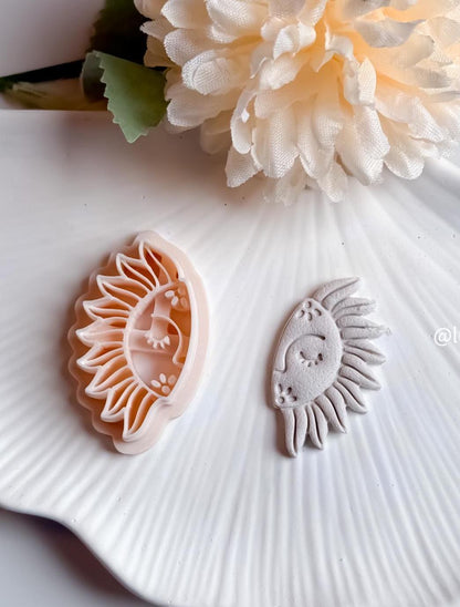 Floral Sun Face Polymer Clay Cutter Crescent Sun with Imprint Flowers for Celestial Earrings