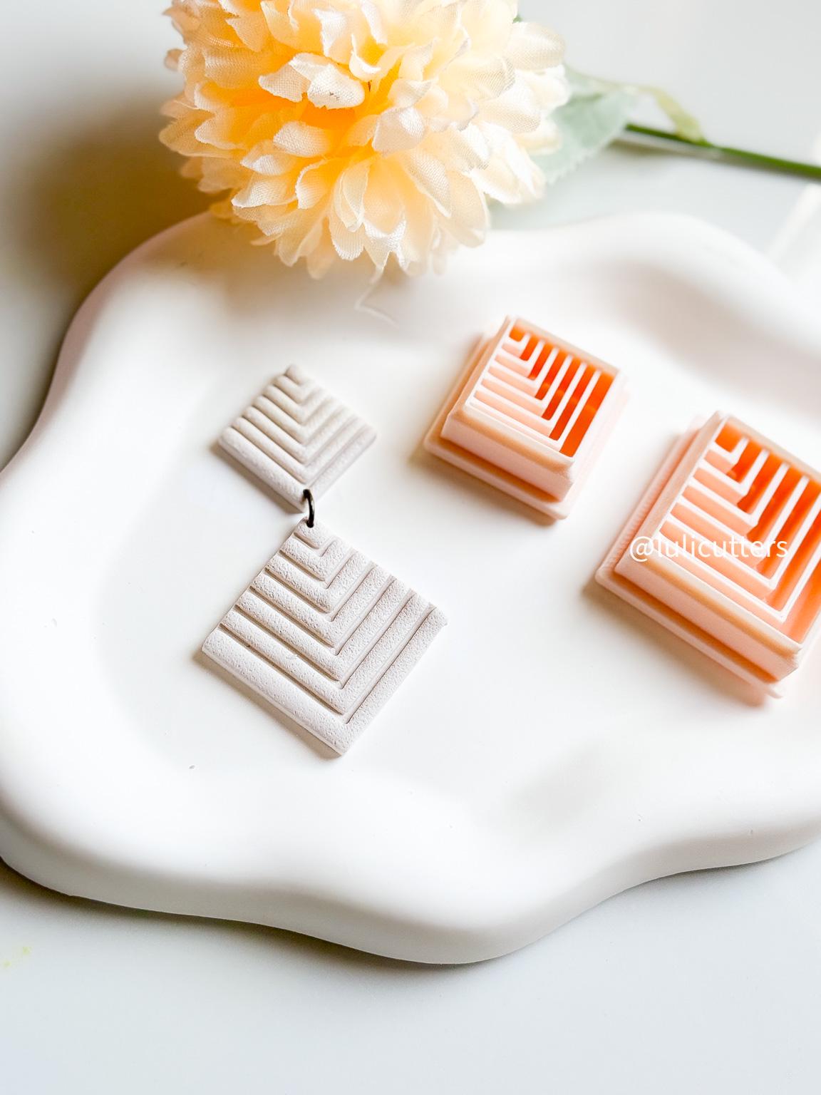 Chevron Layered Square Polymer Clay Cutter Dangle & Stud Earring Set