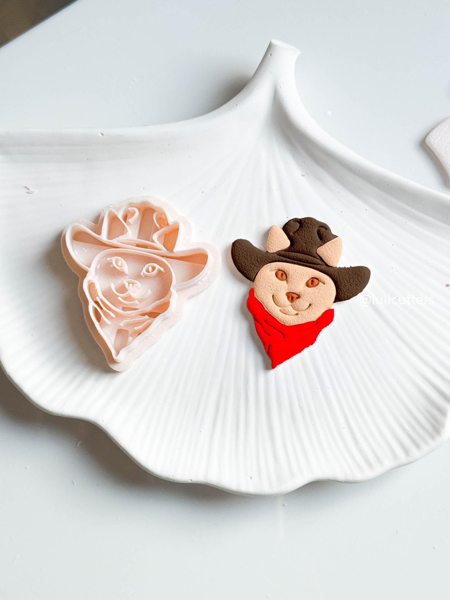 Cowboy Cat Cutter Western Polymer Clay Cutter with Imprint for Funny Kitty Earrings