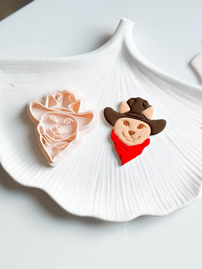 Cowboy Cat Cutter Western Polymer Clay Cutter with Imprint for Funny Kitty Earrings