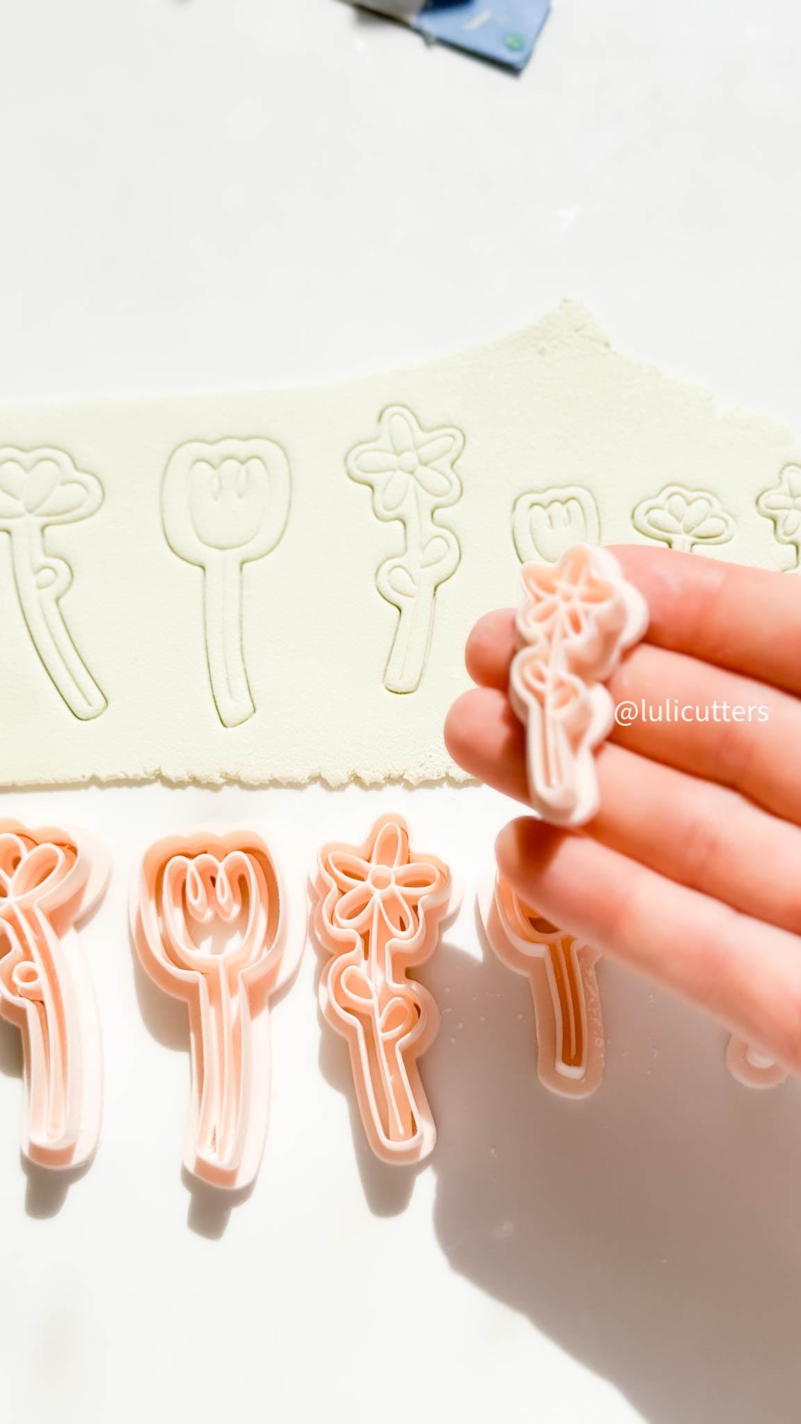 Hand-Drawn Flower Clay Cutter Set 3 Floral Styles in 40 mm + 60 mm Sizes