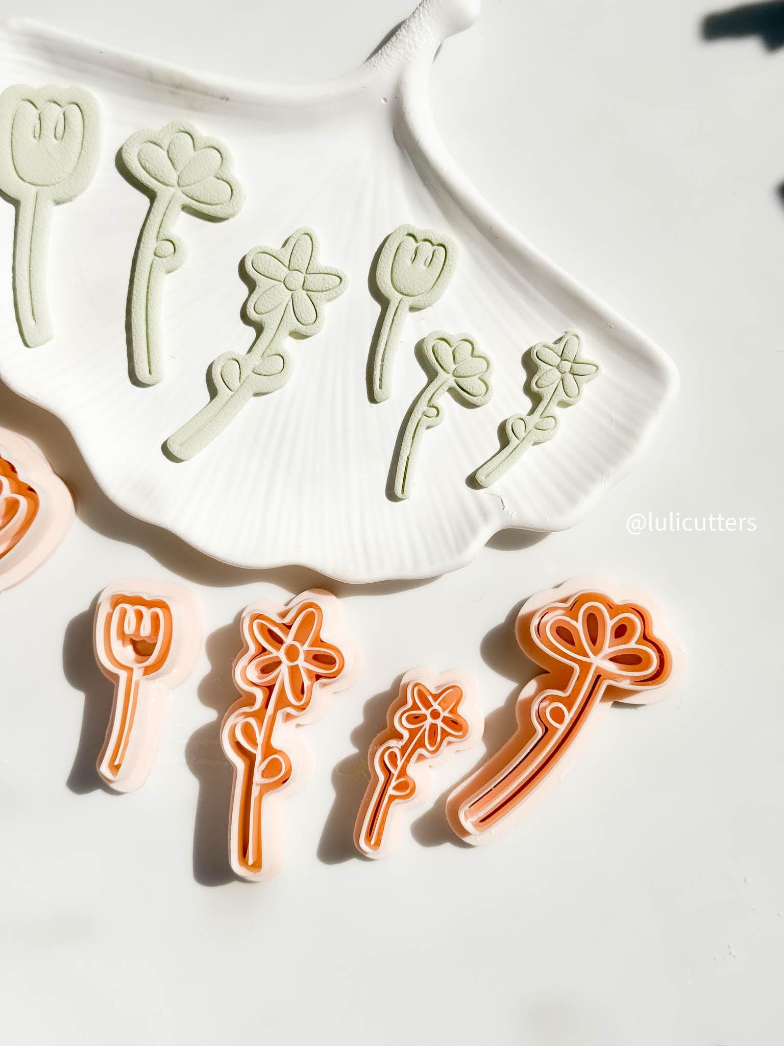 Hand-Drawn Flower Clay Cutter Set 3 Floral Styles in 40 mm + 60 mm Sizes