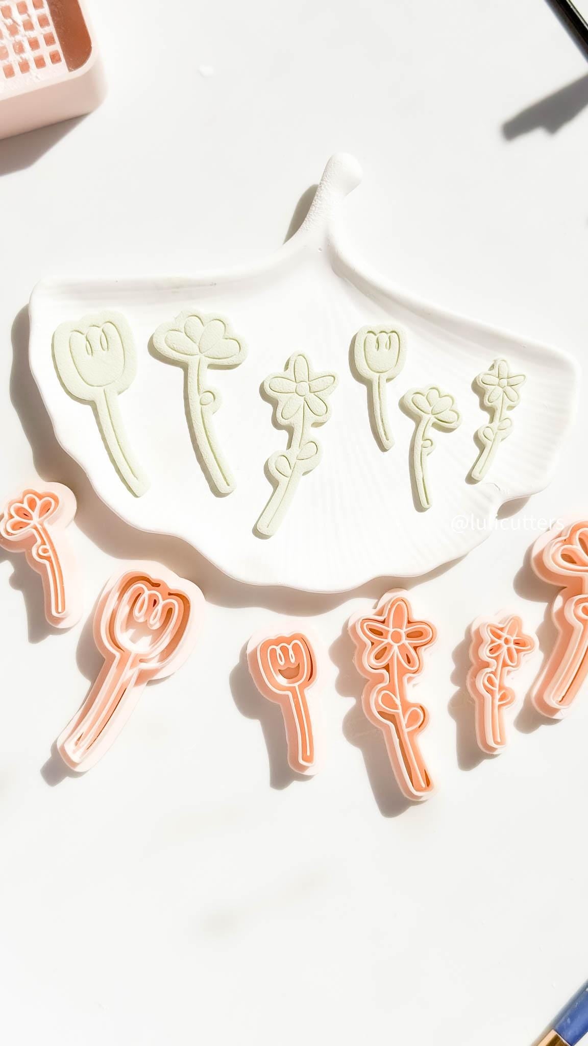 Hand-Drawn Flower Clay Cutter Set 3 Floral Styles in 40 mm + 60 mm Sizes