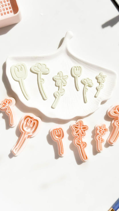 Hand-Drawn Flower Clay Cutter Set 3 Floral Styles in 40 mm + 60 mm Sizes