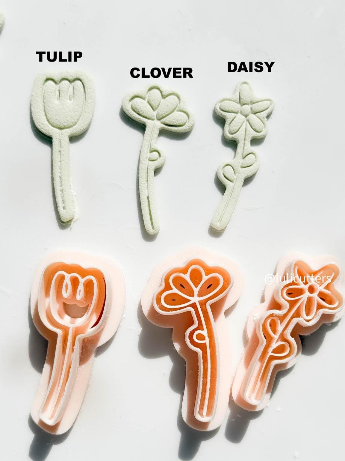 Hand-Drawn Flower Clay Cutter Set 3 Floral Styles in 40 mm + 60 mm Sizes