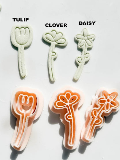 Hand-Drawn Flower Clay Cutter Set 3 Floral Styles in 40 mm + 60 mm Sizes