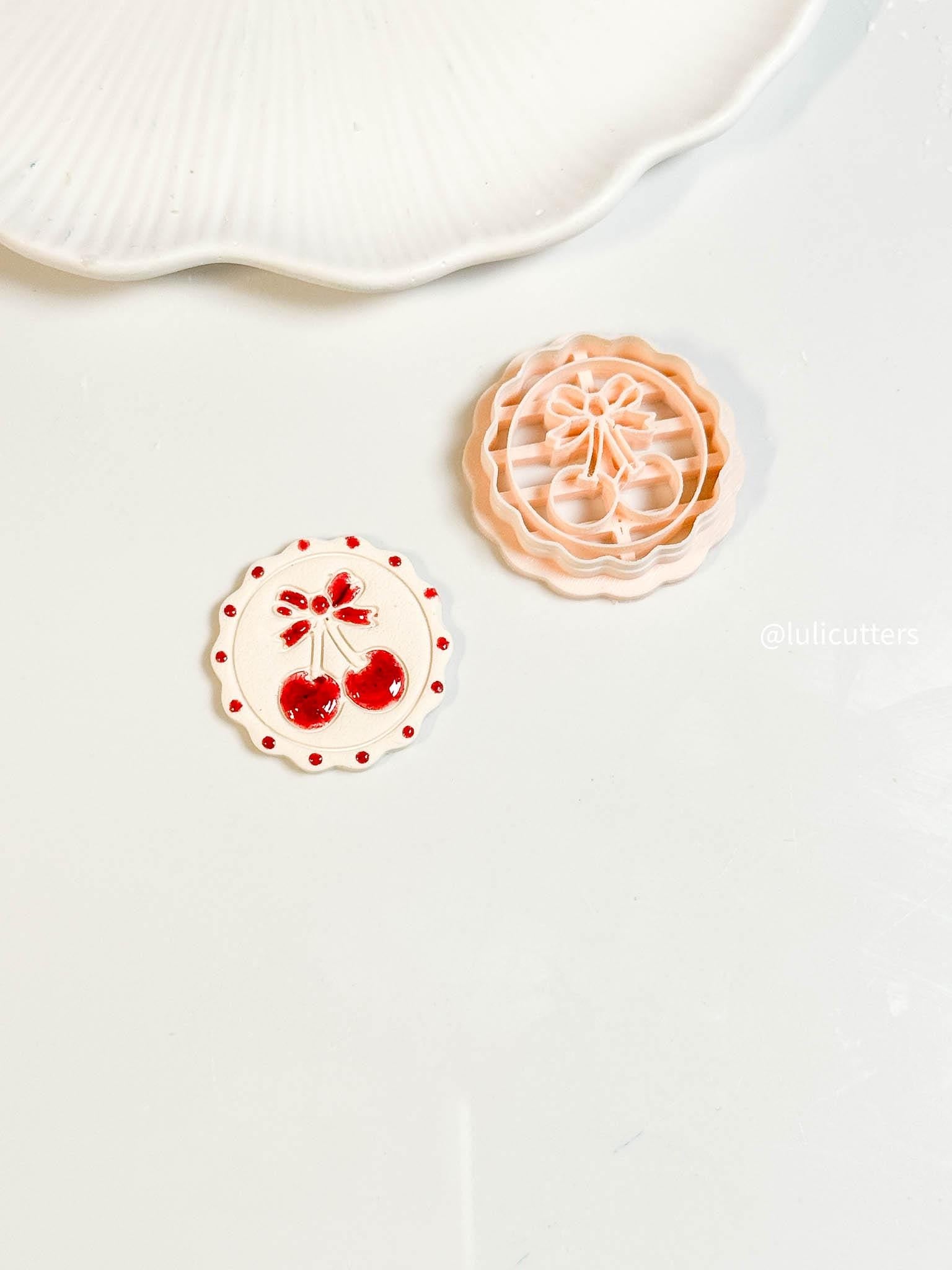 Cherry Bow Clay Cutter: Scalloped Dotted Circle Imprint for Polymer Clay Earrings