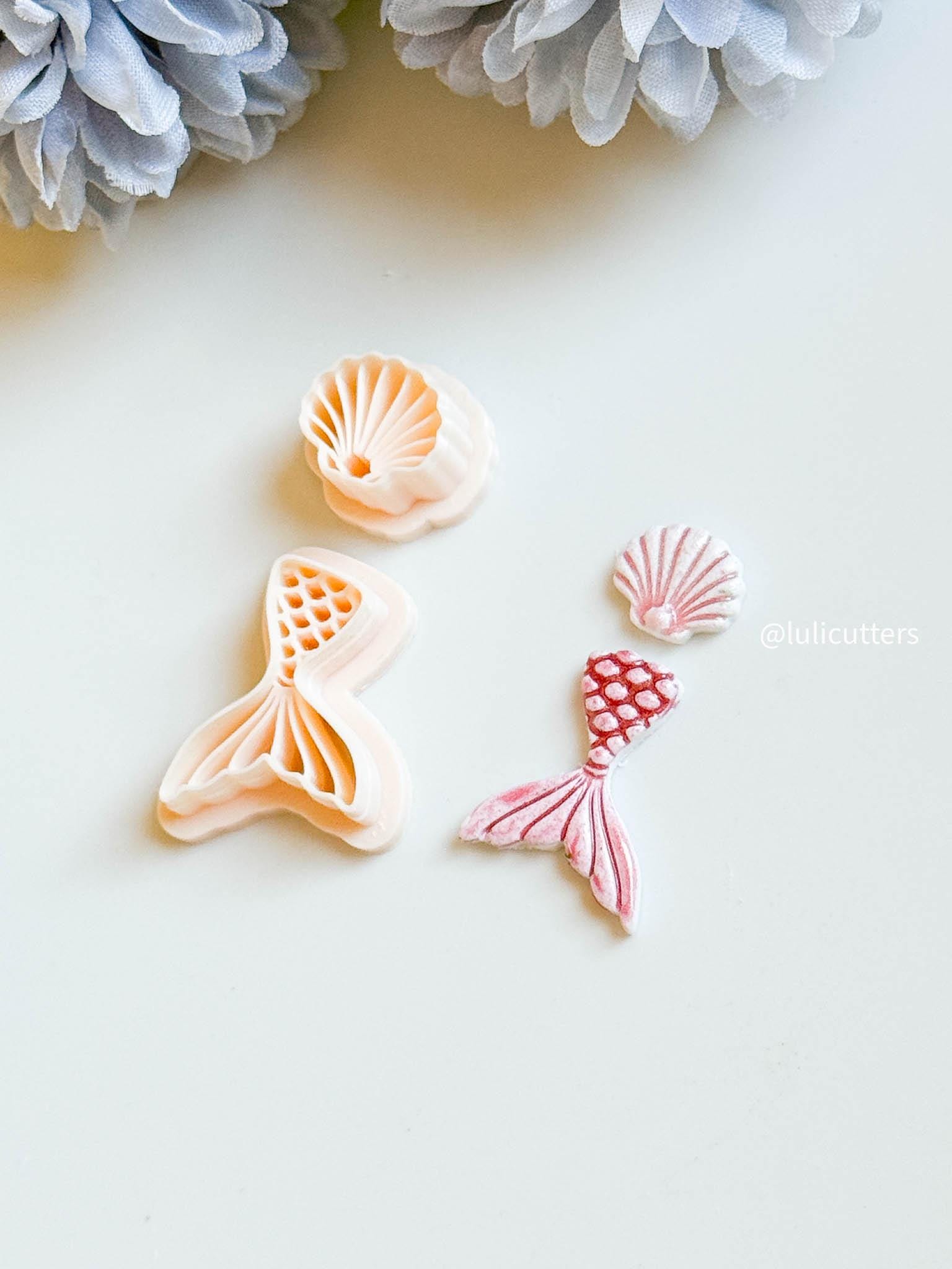 Mermaid Tail & Seashell Clay Cutter Set Ocean Theme with Imprints for Polymer Clay Jewelry