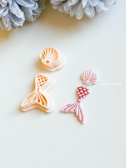 Mermaid Tail & Seashell Clay Cutter Set Ocean Theme with Imprints for Polymer Clay Jewelry