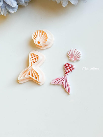 Mermaid Tail & Seashell Clay Cutter Set Ocean Theme with Imprints for Polymer Clay Jewelry