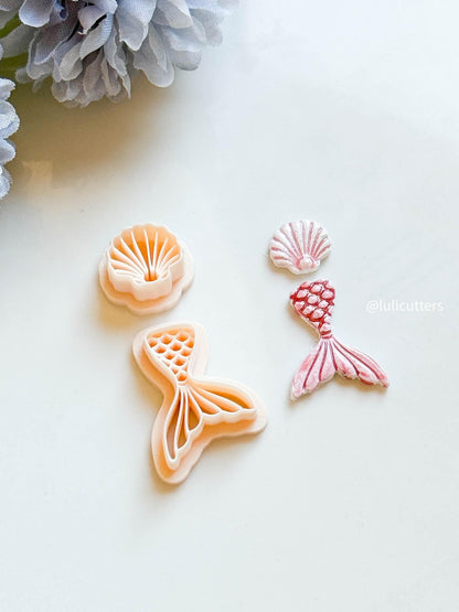 Mermaid Tail & Seashell Clay Cutter Set Ocean Theme with Imprints for Polymer Clay Jewelry