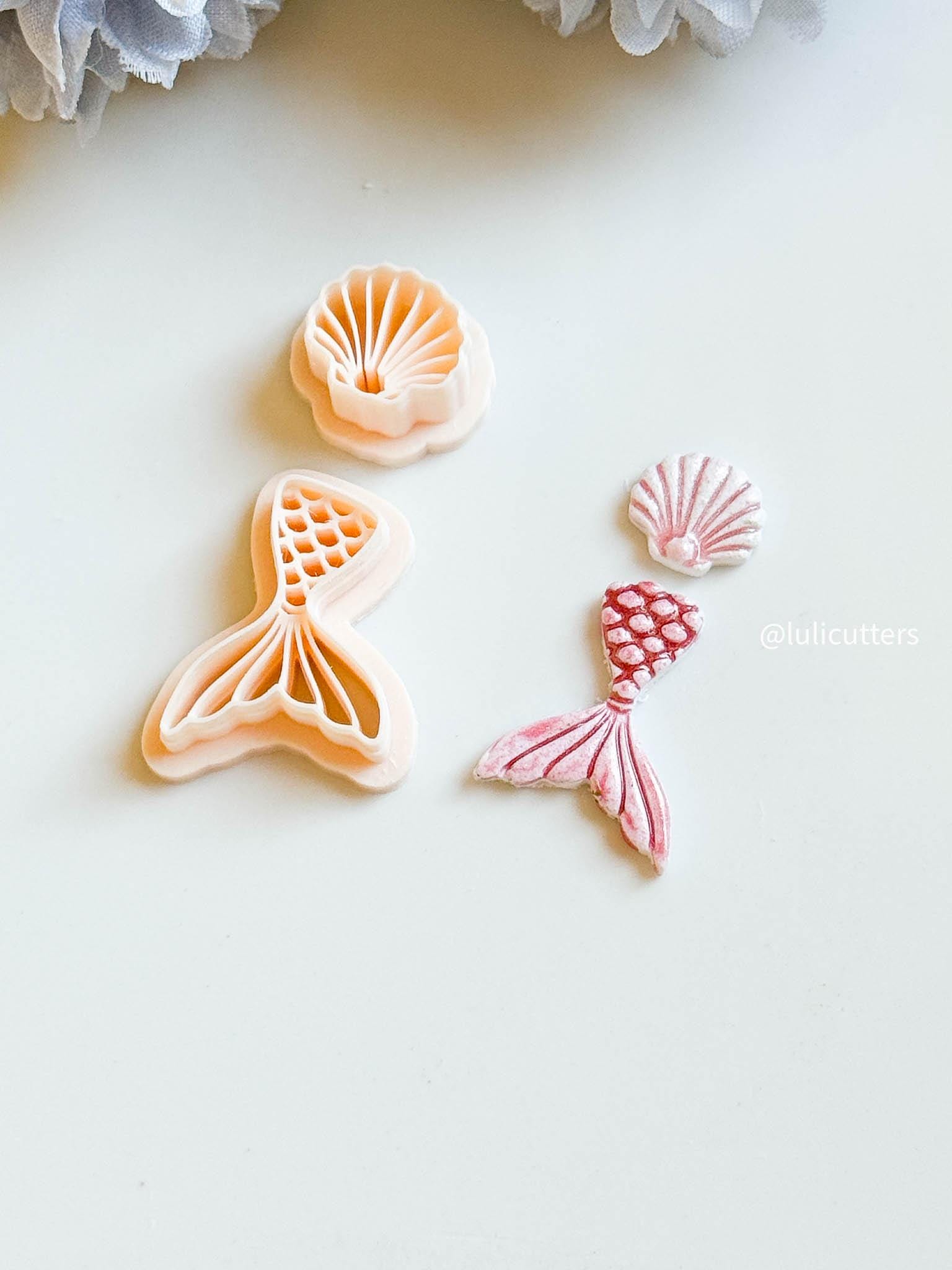 Mermaid Tail & Seashell Clay Cutter Set Ocean Theme with Imprints for Polymer Clay Jewelry