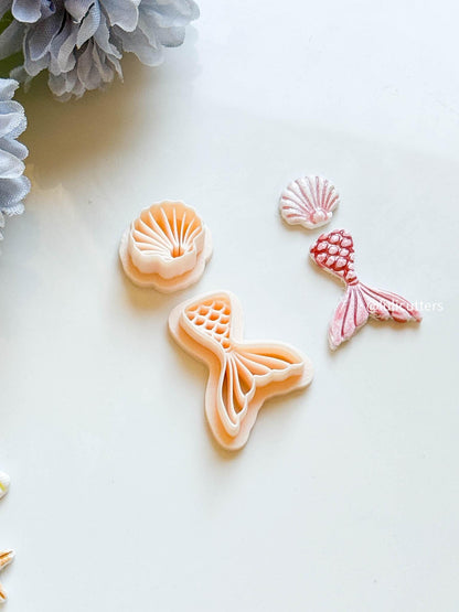 Mermaid Tail & Seashell Clay Cutter Set Ocean Theme with Imprints for Polymer Clay Jewelry