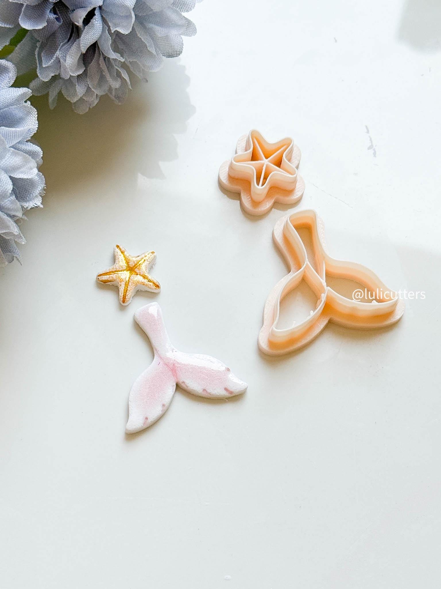 Mermaid Tail & Seashell Clay Cutter Set Ocean Theme with Imprints for Polymer Clay Jewelry