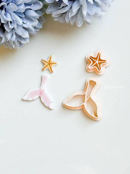 Mermaid Tail & Seashell Clay Cutter Set Ocean Theme with Imprints for Polymer Clay Jewelry