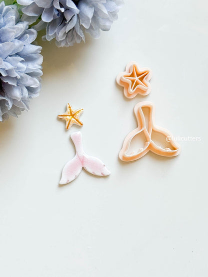 Mermaid Tail & Seashell Clay Cutter Set Ocean Theme with Imprints for Polymer Clay Jewelry