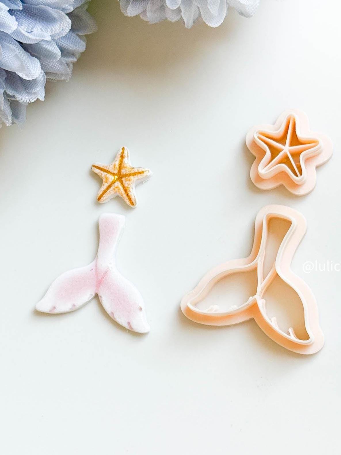 Mermaid Tail & Seashell Clay Cutter Set Ocean Theme with Imprints for Polymer Clay Jewelry