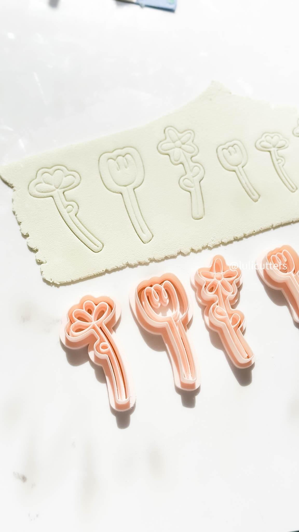 Hand-Drawn Flower Clay Cutter Set 3 Floral Styles in 40 mm + 60 mm Sizes