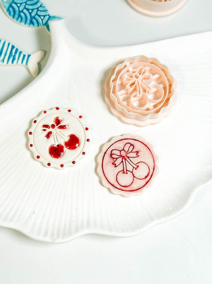 Cherry Bow Clay Cutter: Scalloped Dotted Circle Imprint for Polymer Clay Earrings
