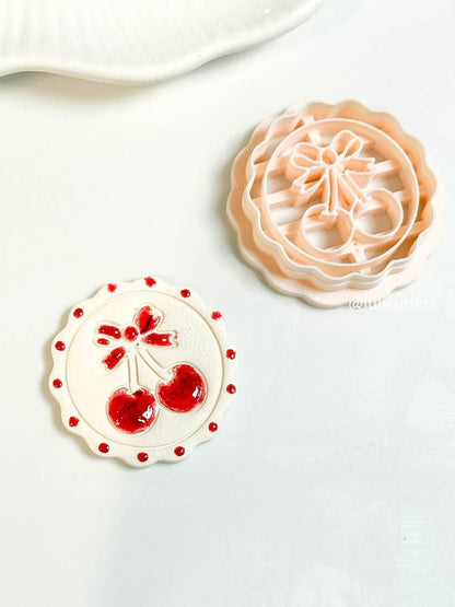 Cherry Bow Clay Cutter: Scalloped Dotted Circle Imprint for Polymer Clay Earrings