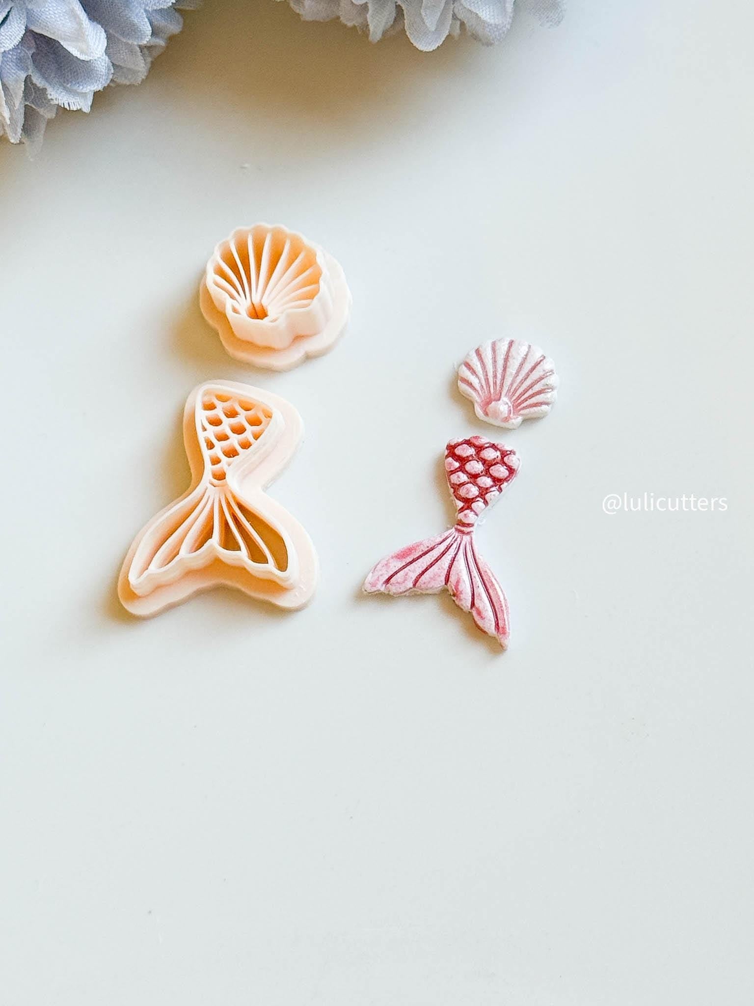 Mermaid Tail & Seashell Clay Cutter Set Ocean Theme with Imprints for Polymer Clay Jewelry