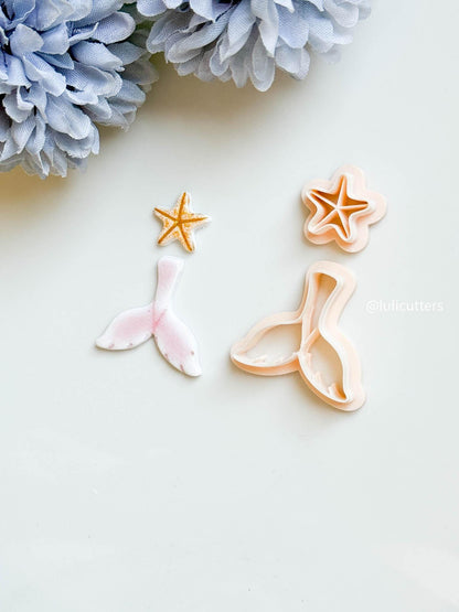 Mermaid Tail & Seashell Clay Cutter Set Ocean Theme with Imprints for Polymer Clay Jewelry