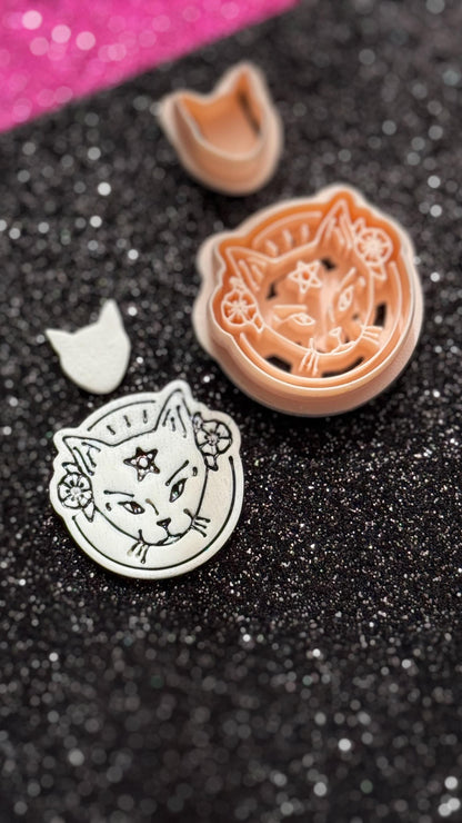 Witchy Cat Polymer Clay Cutter Set: Floral Pentagram Feline Medallion