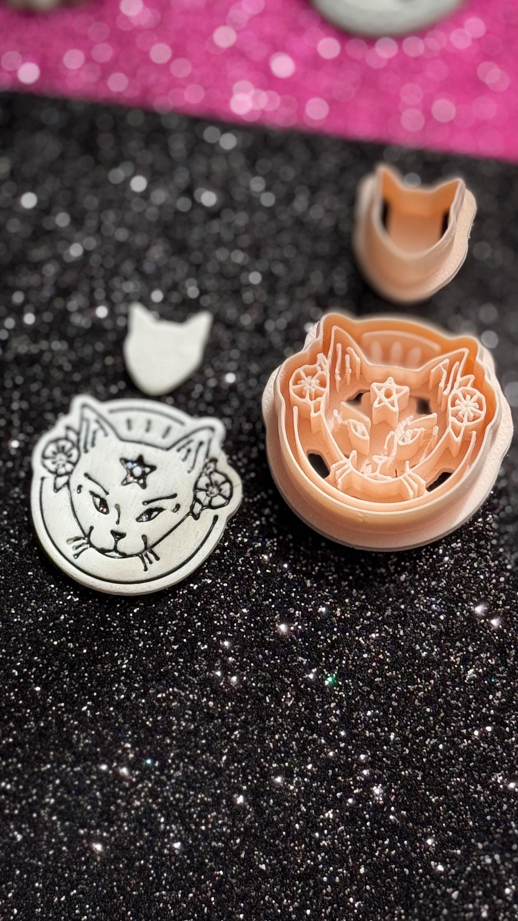 Witchy Cat Polymer Clay Cutter Set: Floral Pentagram Feline Medallion