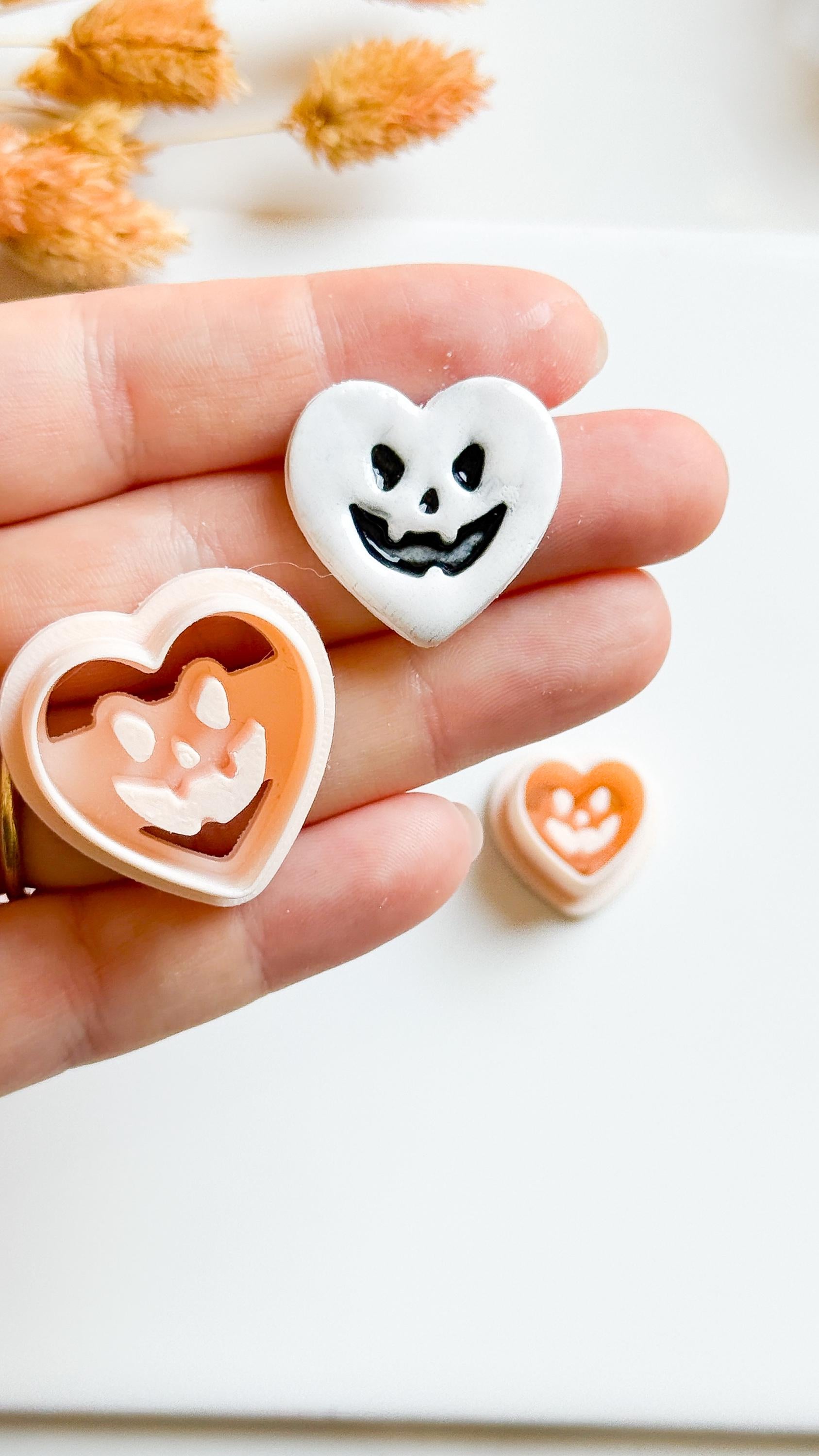 Jack-O'-Lantern Heart Polymer Clay Cutters: Halloween Earring Molds, 6 Sizes