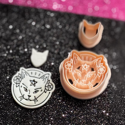 Witchy Cat Polymer Clay Cutter Set: Floral Pentagram Feline Medallion