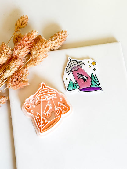 UFO Cow Abduction Cutter: Alien Polymer Clay Mold for Earrings, Charms