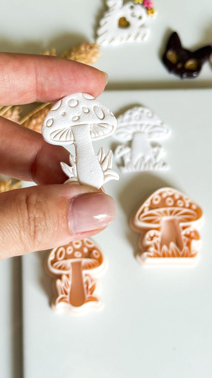 Mushroom Clay Cutter Set 2 Forest Designs with Grass & Dot Details, Cottagecore Earring Mold