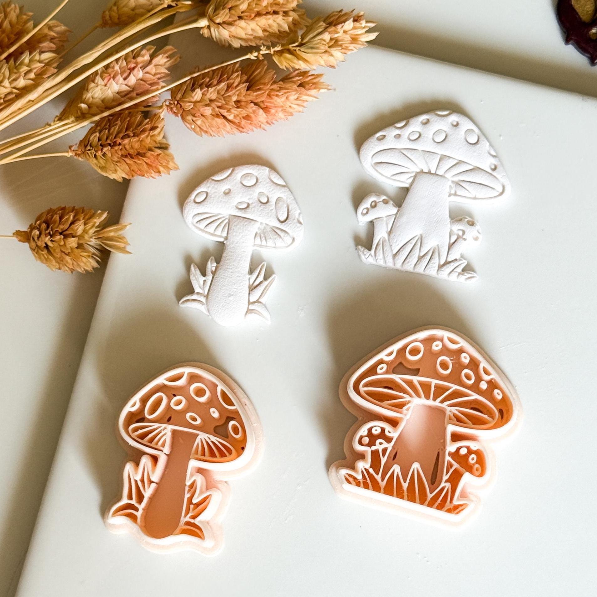 Mushroom Clay Cutter Set 2 Forest Designs with Grass & Dot Details, Cottagecore Earring Mold