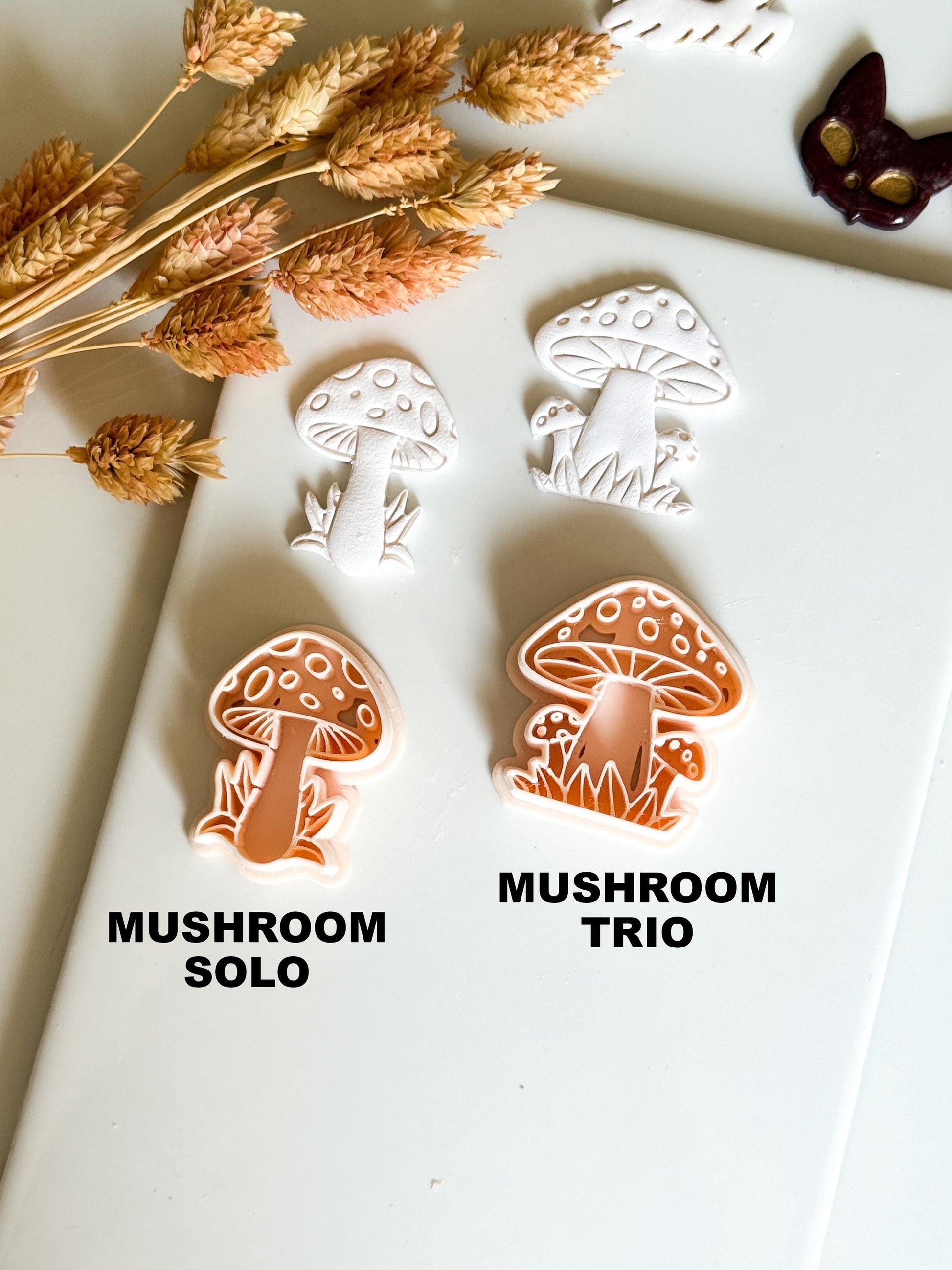 Mushroom Clay Cutter Set 2 Forest Designs with Grass & Dot Details, Cottagecore Earring Mold