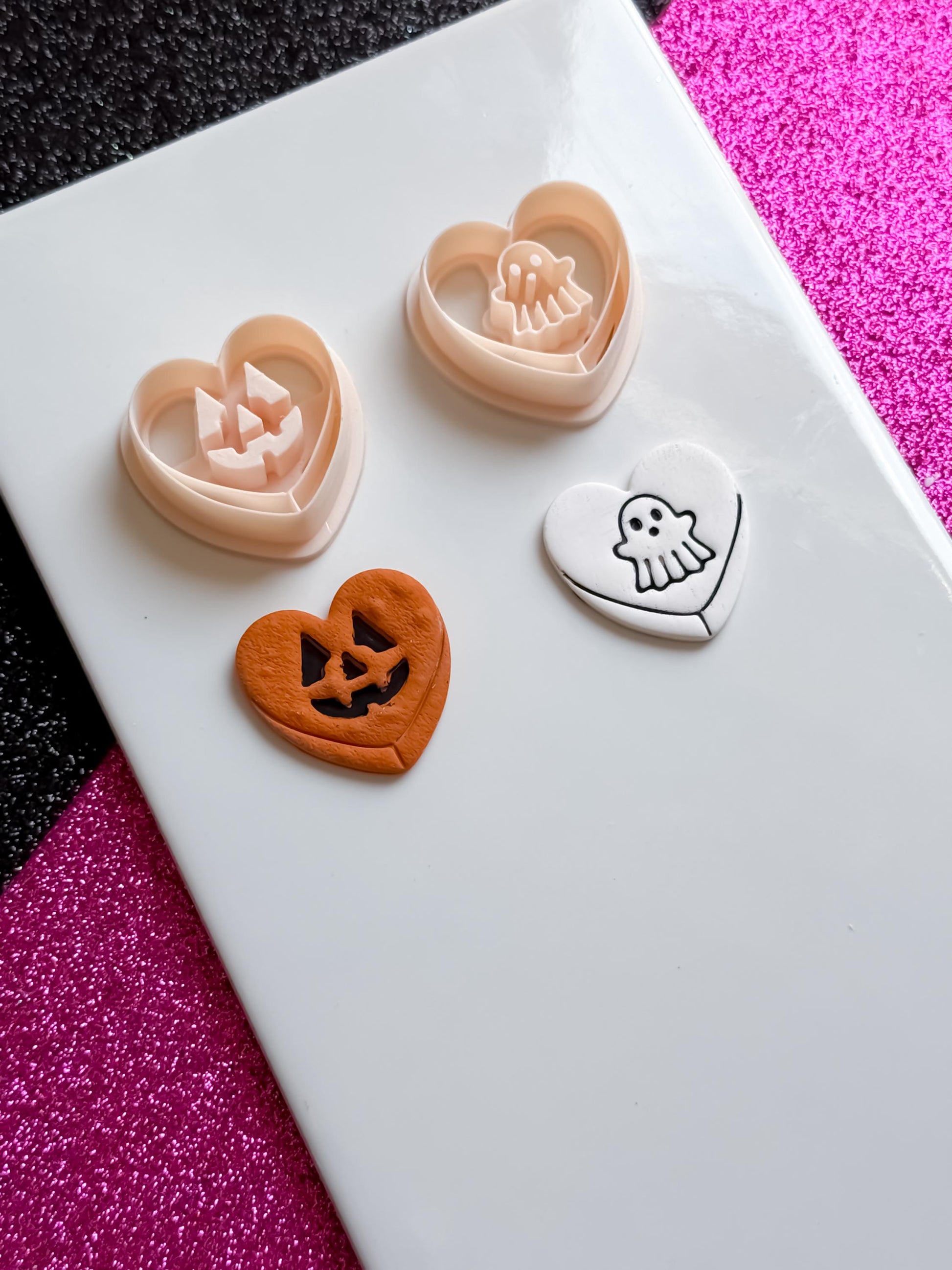 Halloween Polymer Clay Cutter Set: Ghost, Pumpkin, Spiderweb Heart Earrings