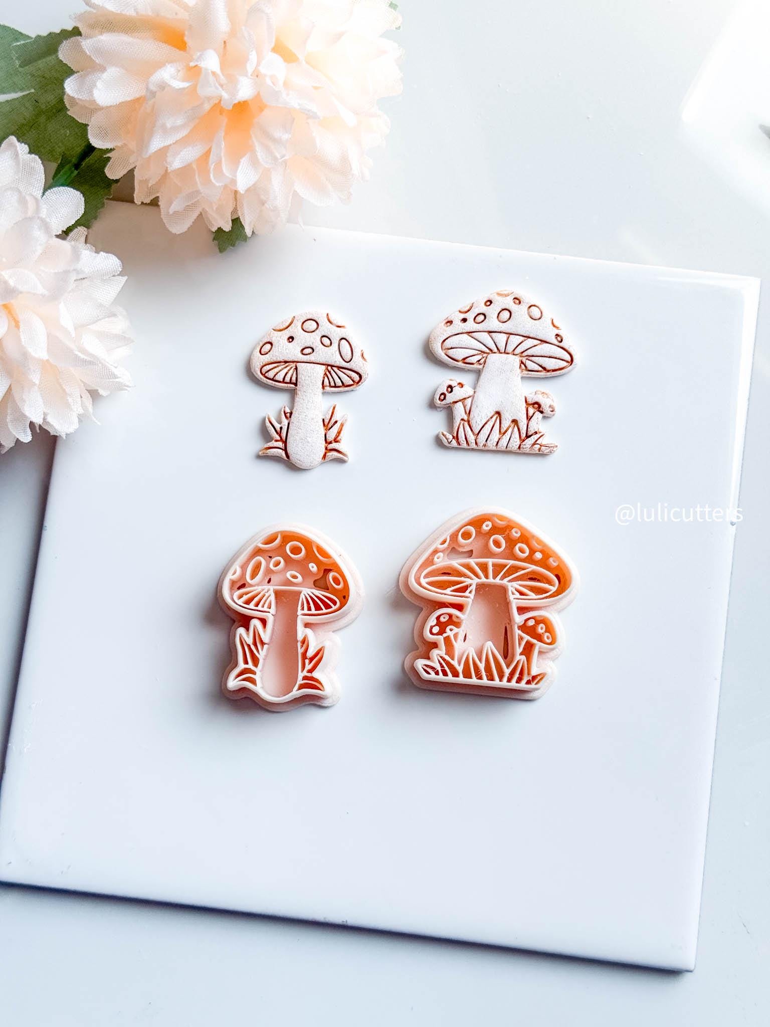 Mushroom Clay Cutter Set 2 Forest Designs with Grass & Dot Details, Cottagecore Earring Mold