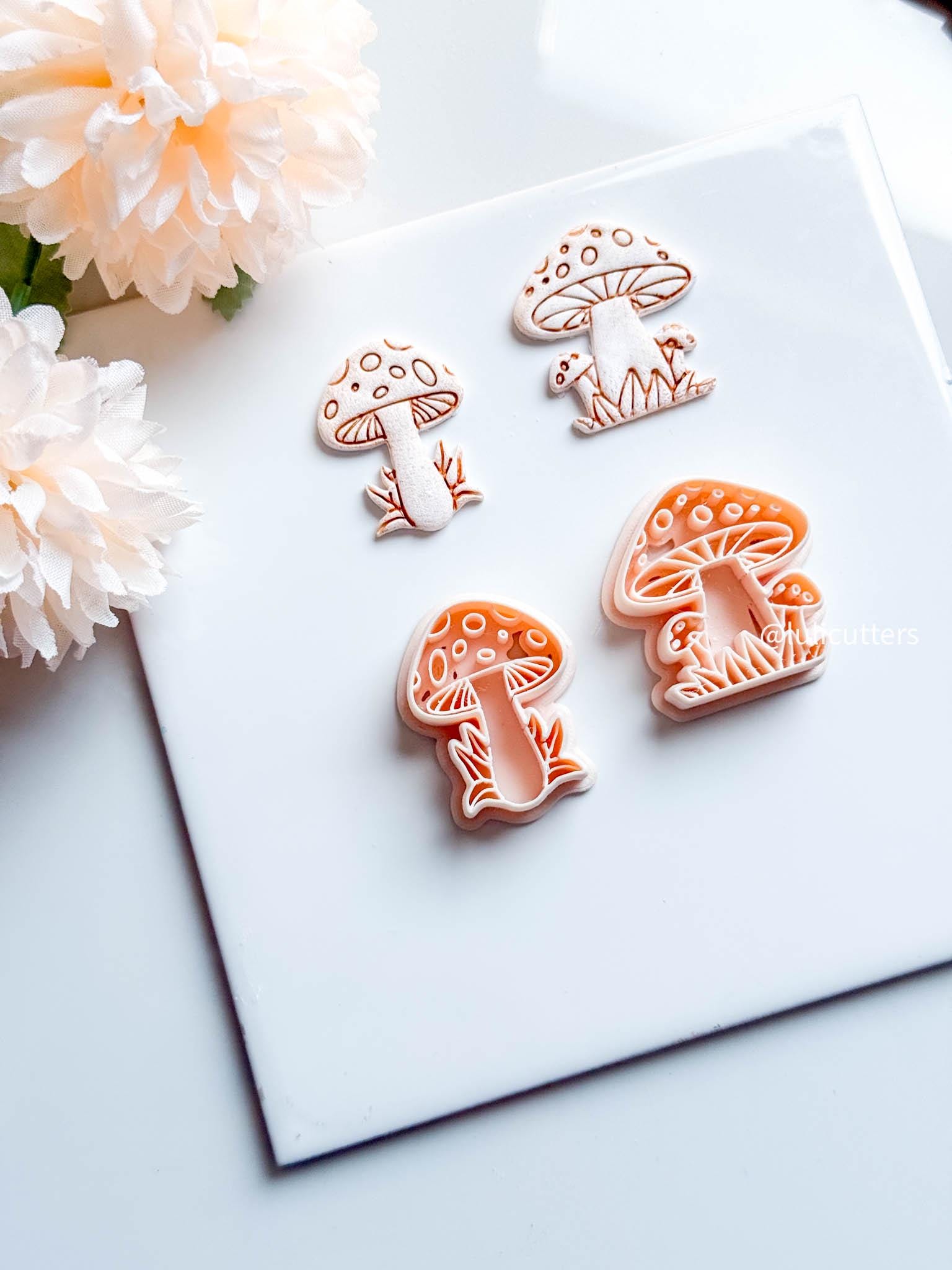 Mushroom Clay Cutter Set 2 Forest Designs with Grass & Dot Details, Cottagecore Earring Mold