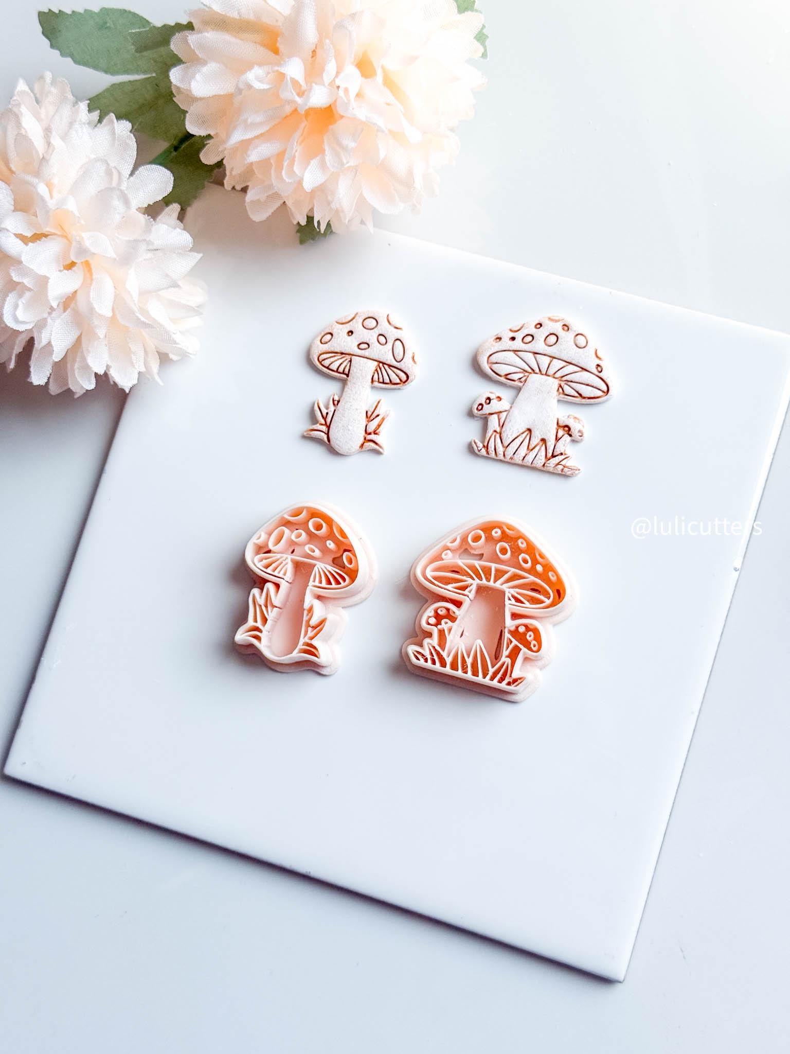 Mushroom Clay Cutter Set 2 Forest Designs with Grass & Dot Details, Cottagecore Earring Mold