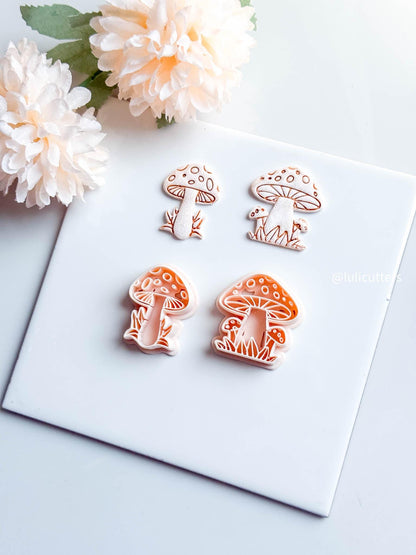 Mushroom Clay Cutter Set 2 Forest Designs with Grass & Dot Details, Cottagecore Earring Mold