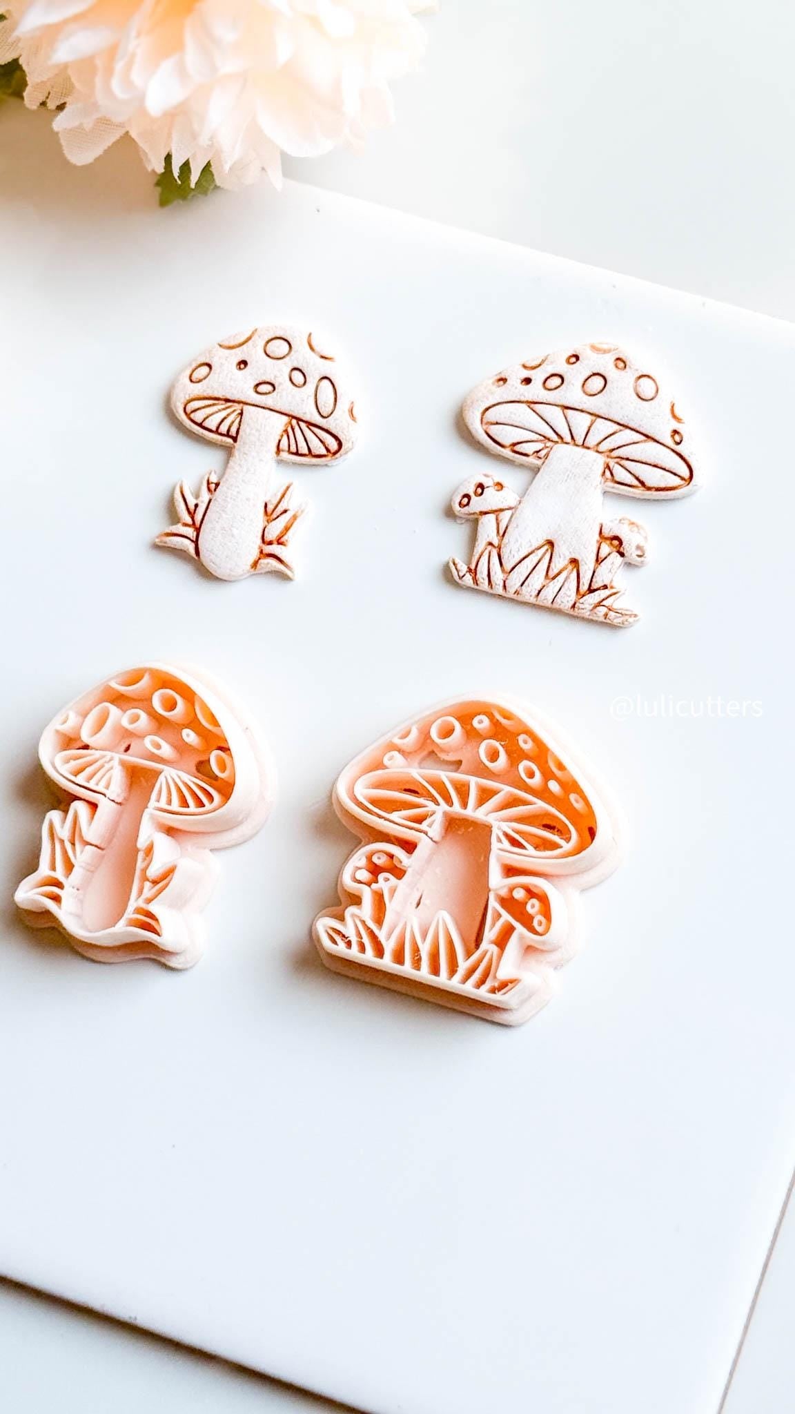 Mushroom Clay Cutter Set 2 Forest Designs with Grass & Dot Details, Cottagecore Earring Mold