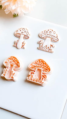Mushroom Clay Cutter Set 2 Forest Designs with Grass & Dot Details, Cottagecore Earring Mold