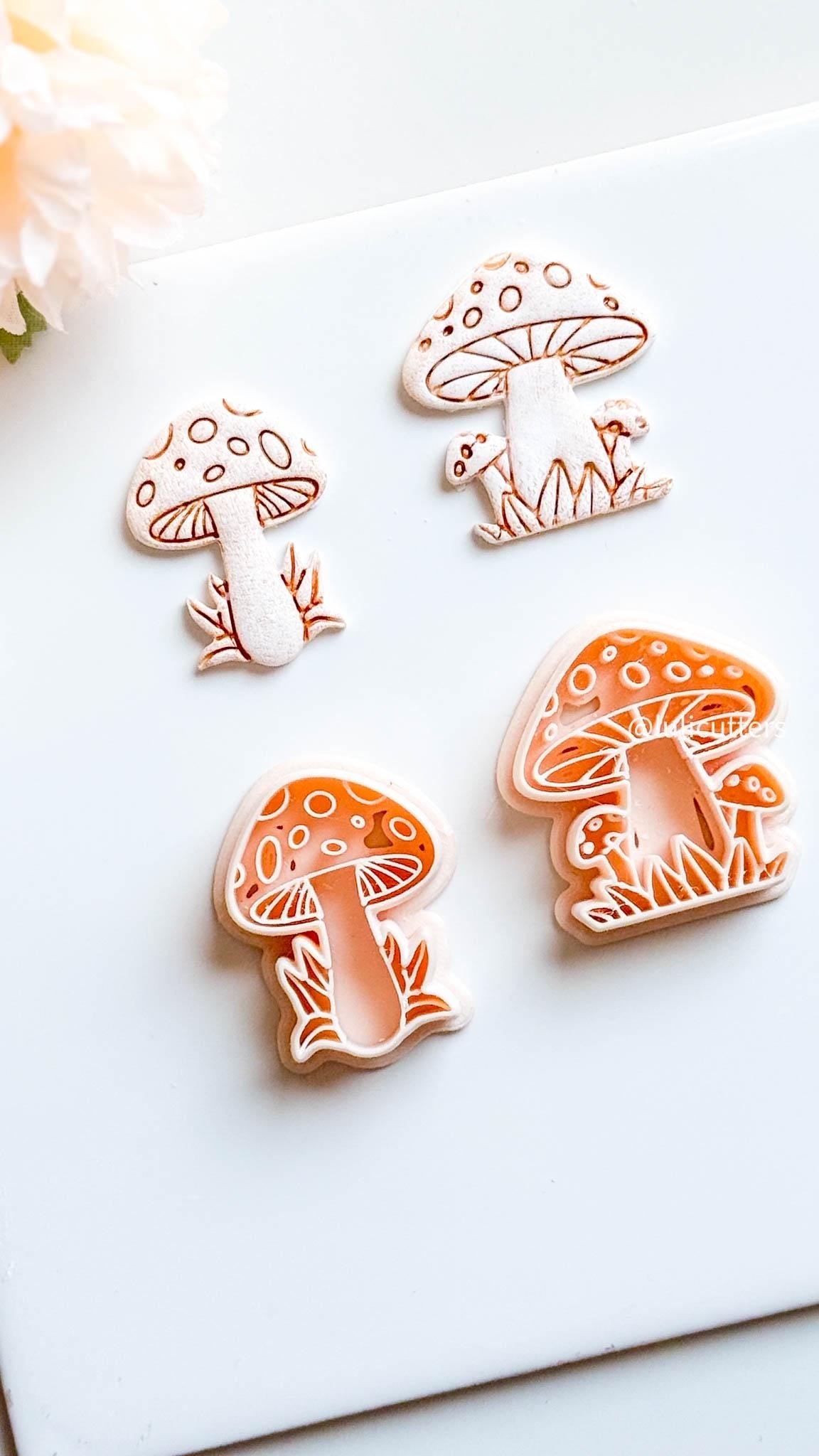 Mushroom Clay Cutter Set 2 Forest Designs with Grass & Dot Details, Cottagecore Earring Mold