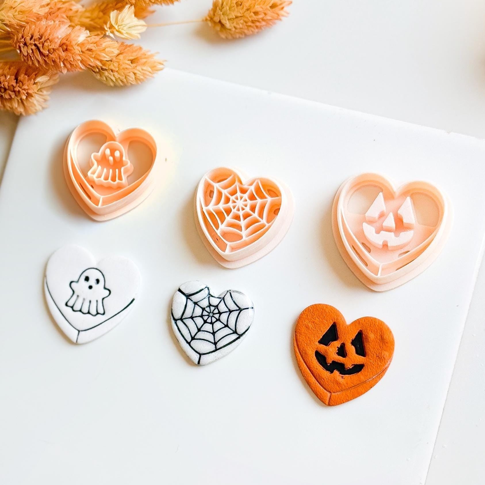 Halloween Polymer Clay Cutter Set: Ghost, Pumpkin, Spiderweb Heart Earrings