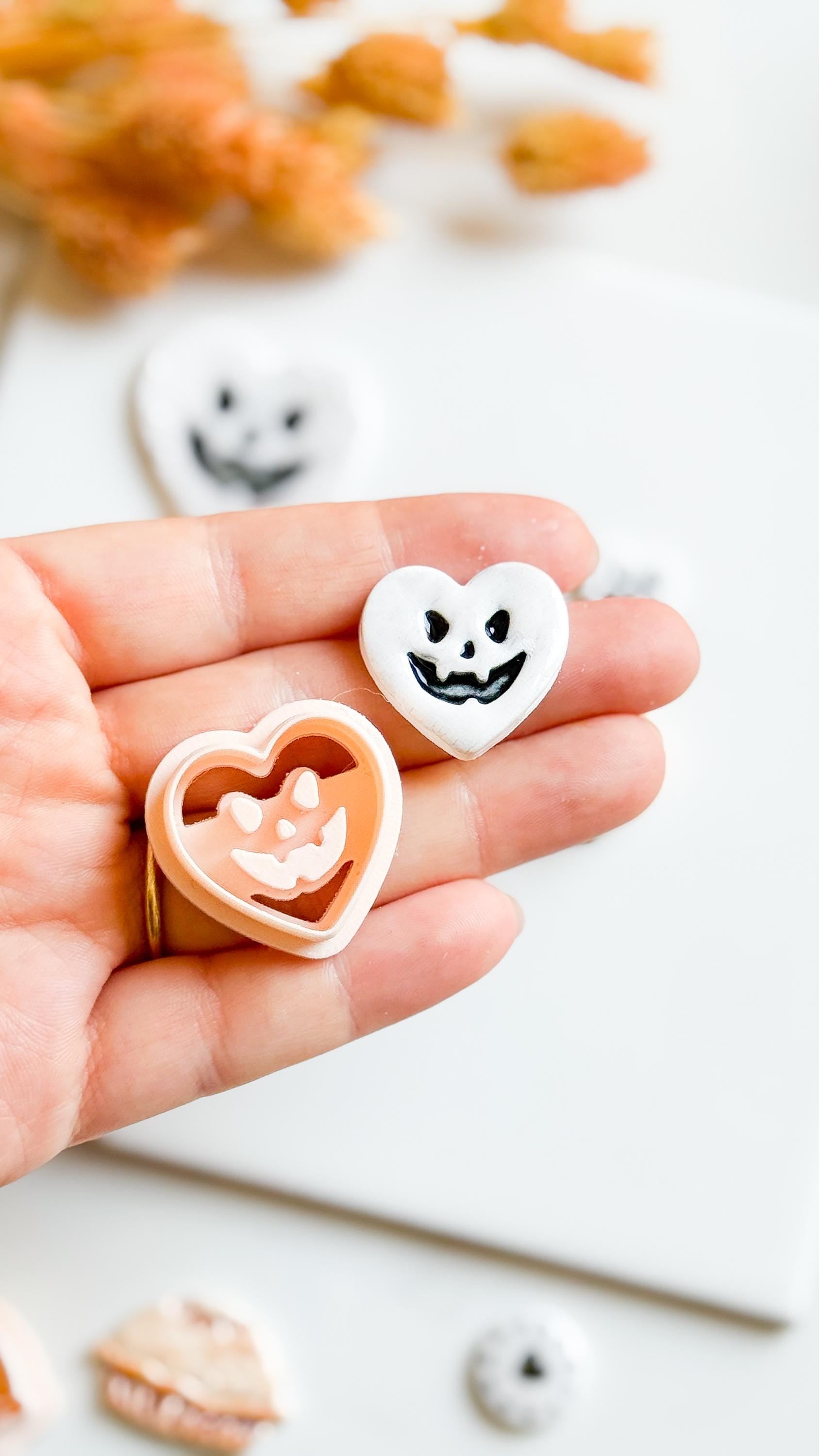 Jack-O'-Lantern Heart Polymer Clay Cutters: Halloween Earring Molds, 6 Sizes