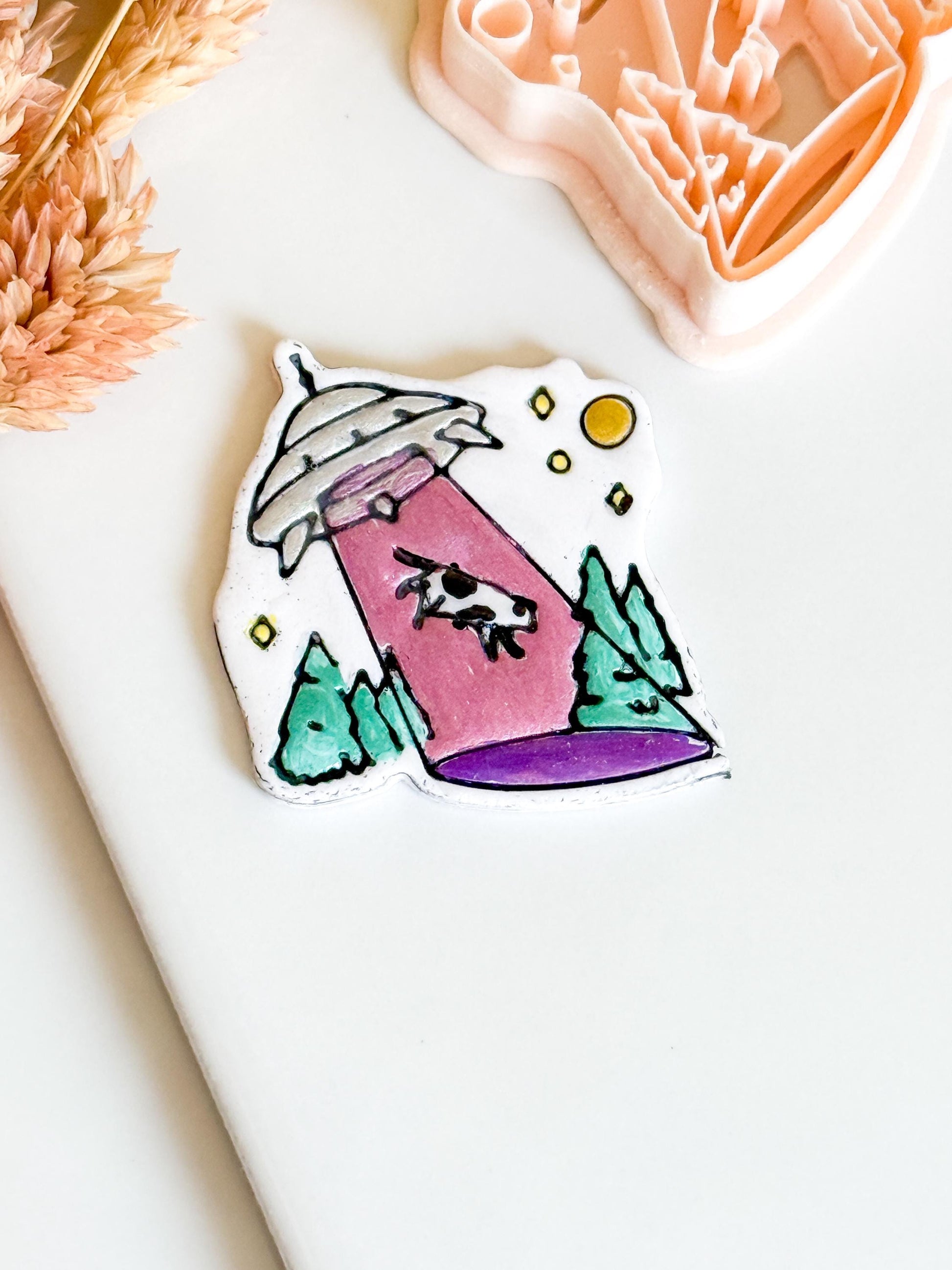 UFO Cow Abduction Cutter: Alien Polymer Clay Mold for Earrings, Charms