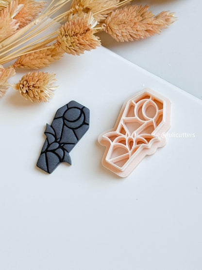 Bat Coffin Clay Cutter: Gothic Halloween Earring Tool with Stained Glass Moon