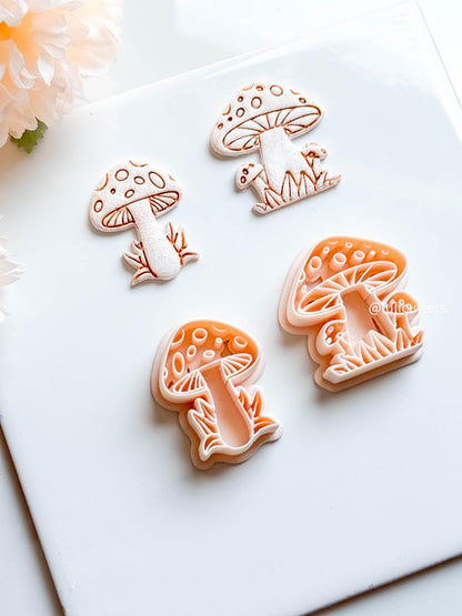 Mushroom Clay Cutter Set 2 Forest Designs with Grass & Dot Details, Cottagecore Earring Mold